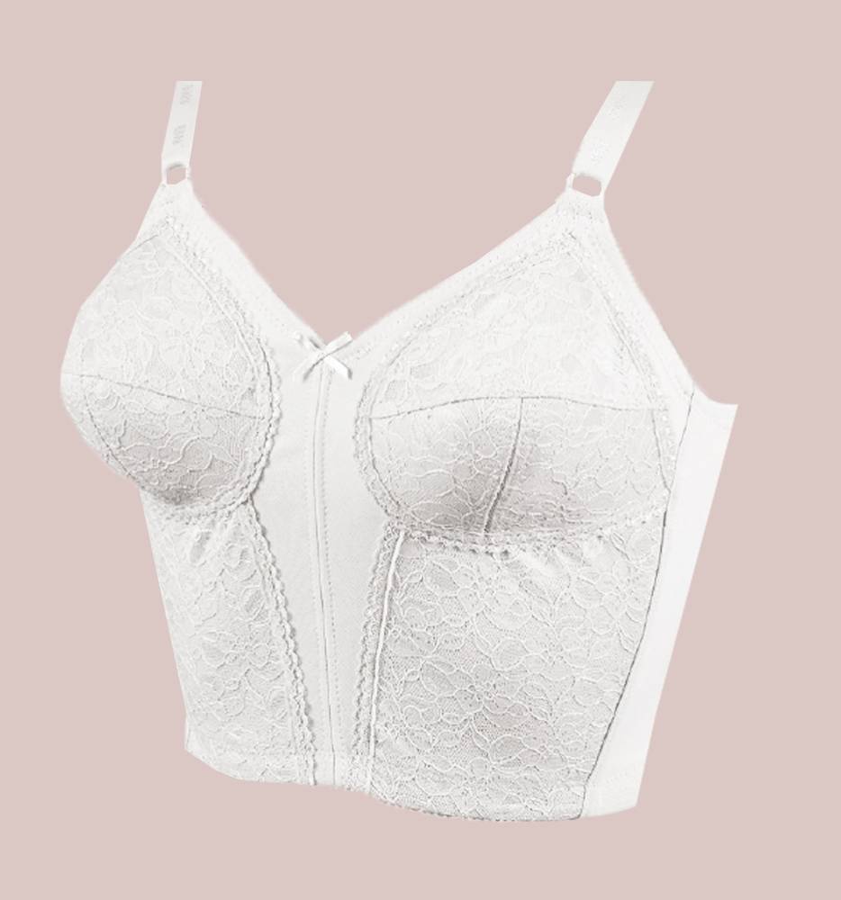White 111 longline lace bra with seamed cups and a center bow, front view