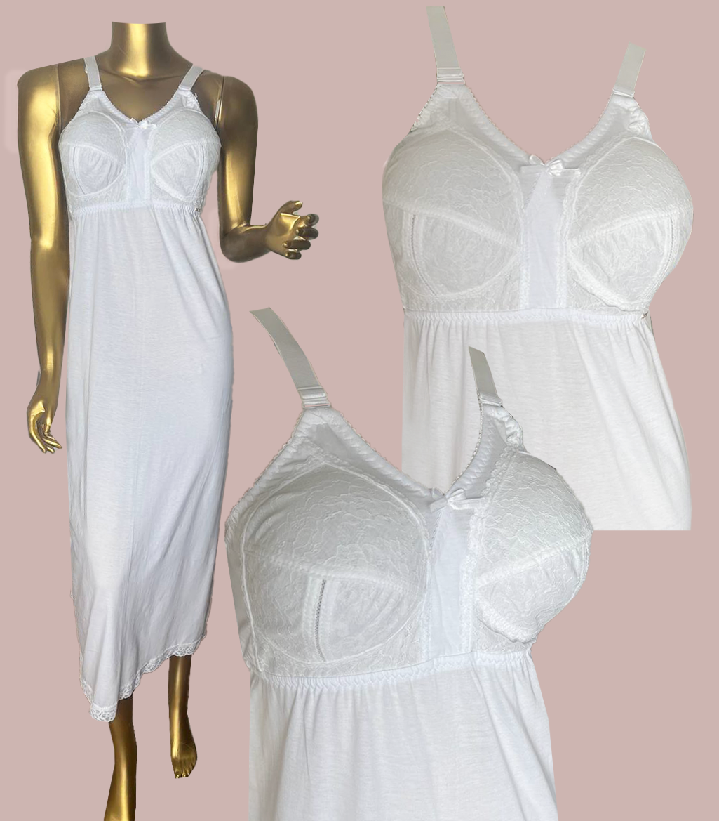White L955 long cotton slip on a mannequin with close-ups of the built-in lace bra